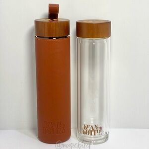 Brown Leather Bean Bottle Double Wall Insulated Borosilicate Glass Bottle 18oz